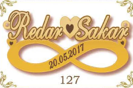 Design 127 — Redar, Sakar, a custom gold name plate cut by Royal Jewelry