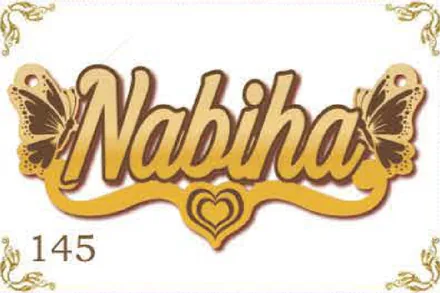 Design 145 — Nabiha, a custom gold name plate cut by Royal Jewelry
