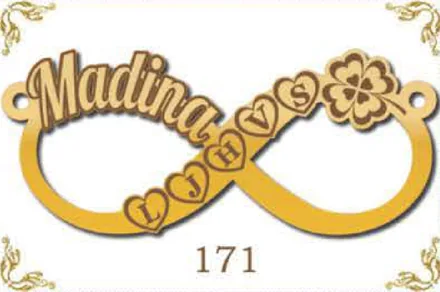 Design 171 — Madina, a custom gold name plate cut by Royal Jewelry