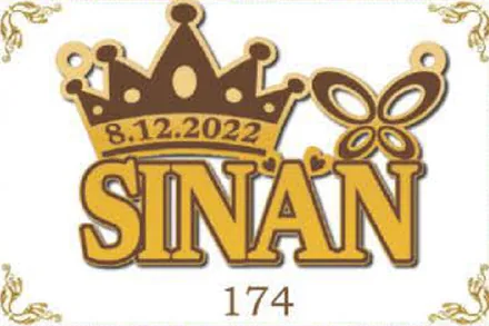 Design 174 — Sinan, a custom gold name plate cut by Royal Jewelry