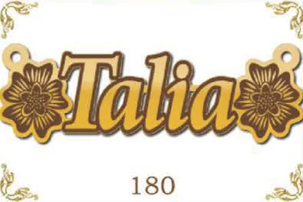 Design 180 — Talia, a custom gold name plate cut by Royal Jewelry