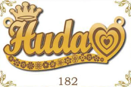 Design 182 — Huda, a custom gold name plate cut by Royal Jewelry