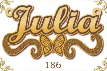 Design 186 — Julia, a custom gold name plate cut by Royal Jewelry