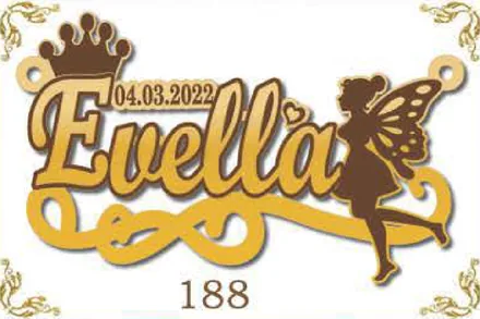 Design 188 — Evella, a custom gold name plate cut by Royal Jewelry