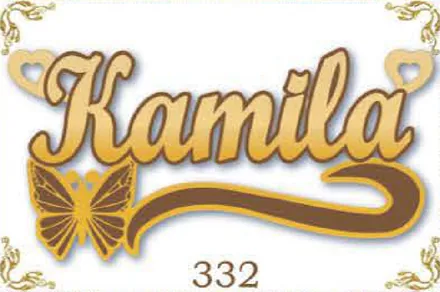 Design 332 — Kamila, a custom gold name plate cut by Royal Jewelry