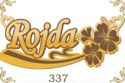 Design 337 — Rojda, a custom gold name plate cut by Royal Jewelry