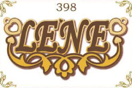 Design 398 — Lene, a custom gold name plate cut by Royal Jewelry