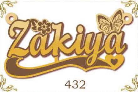 Design 432 — Zakiya, a custom gold name plate cut by Royal Jewelry