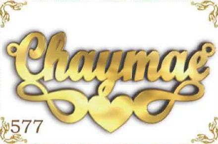 Design 577 — Chaymae, a custom gold name plate cut by Royal Jewelry