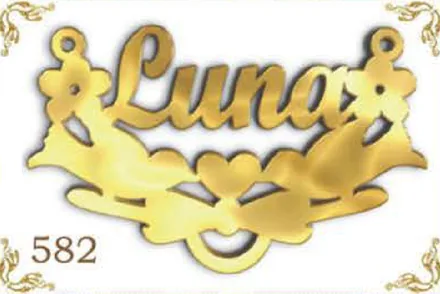 Design 582 — Luna, a custom gold name plate cut by Royal Jewelry