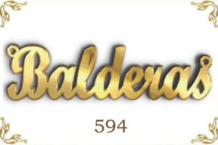 Design 594 — Balderas, a custom gold name plate cut by Royal Jewelry